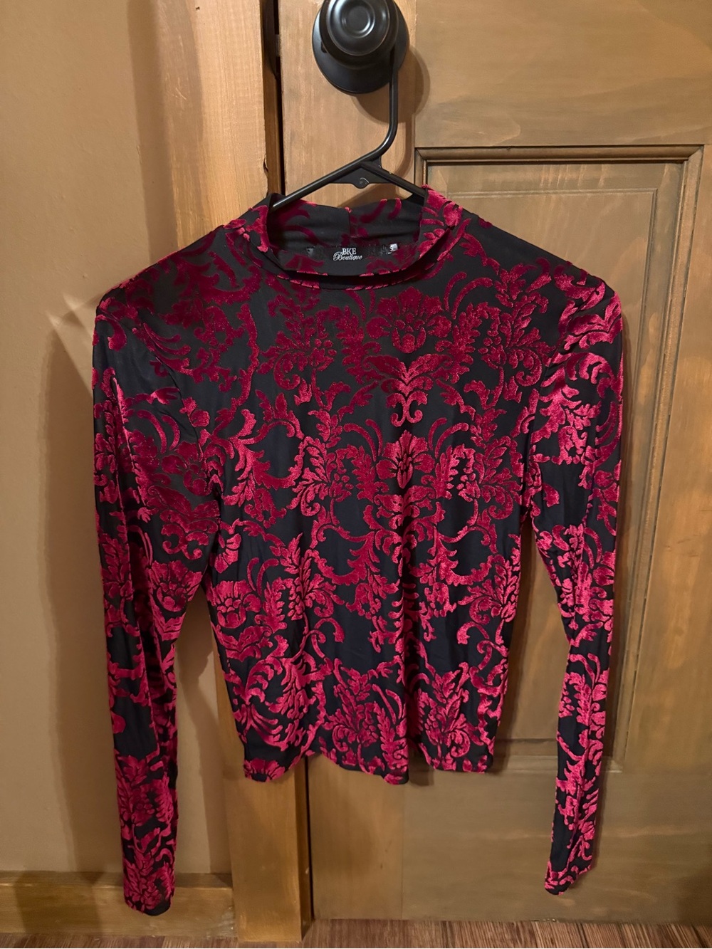 BKE Boutique Burgundy Velvet Burnout Damask Top